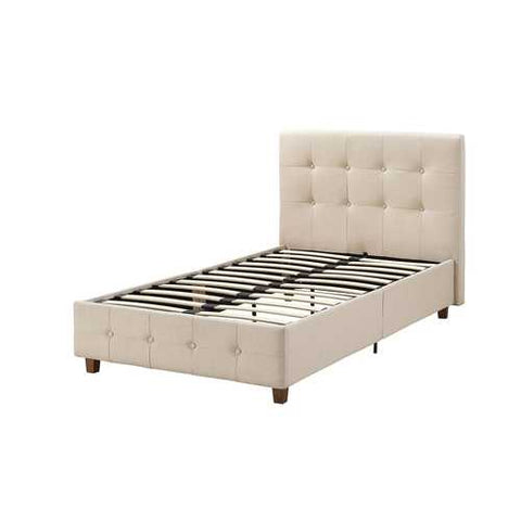 Image of Twin size Tan Linen Upholstered Platform Bed Frame with Button-Tufted Headboard