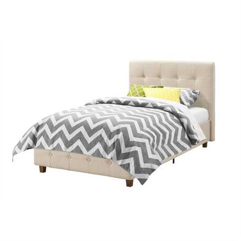 Image of Twin size Tan Linen Upholstered Platform Bed Frame with Button-Tufted Headboard