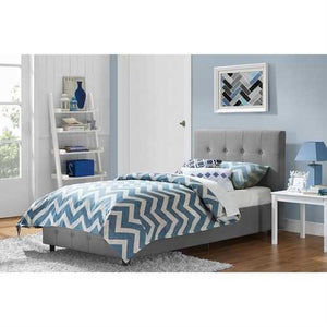 Twin size Grey Upholstered Platform Bed Frame with Button-Tufted Headboard