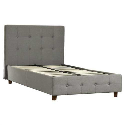 Image of Twin size Grey Upholstered Platform Bed Frame with Button-Tufted Headboard