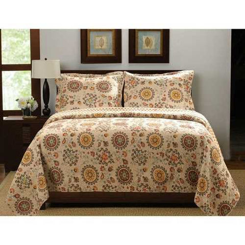 Image of King Retro Moon Shaped Floral Medallion Reversible 3 Piece Quilt Set