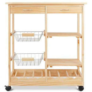 Mobile Wooden Kitchen Cart with Storage Drawers and Wine Rack