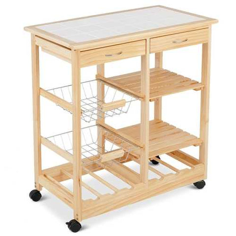 Image of Mobile Wooden Kitchen Cart with Storage Drawers and Wine Rack