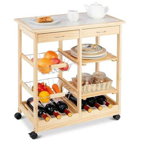 Image of Mobile Wooden Kitchen Cart with Storage Drawers and Wine Rack