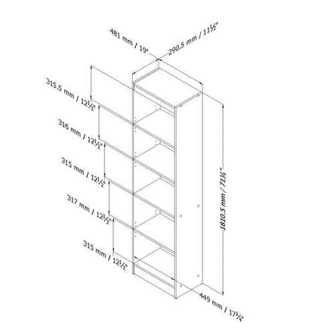 Image of 5-Shelf Narrow Bookcase Black Finish