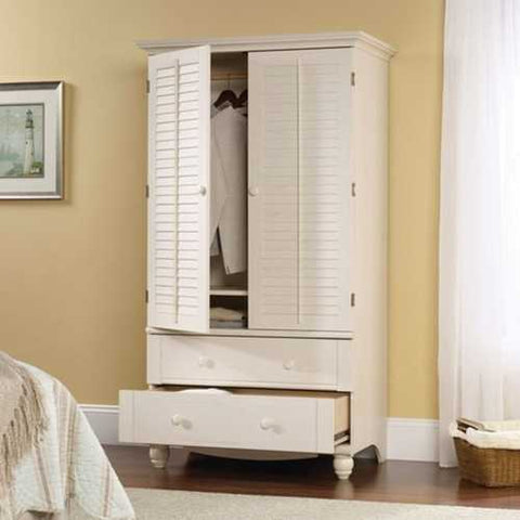 Image of Bedroom Wardrobe Cabinet Storage Armoire with Louver Doors in White