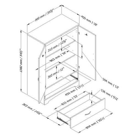 Image of 2-Door Armoire Wardrobe Cabinet with Bottom Storage Drawer in White Wood Finish