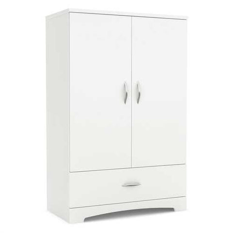 Image of 2-Door Armoire Wardrobe Cabinet with Bottom Storage Drawer in White Wood Finish