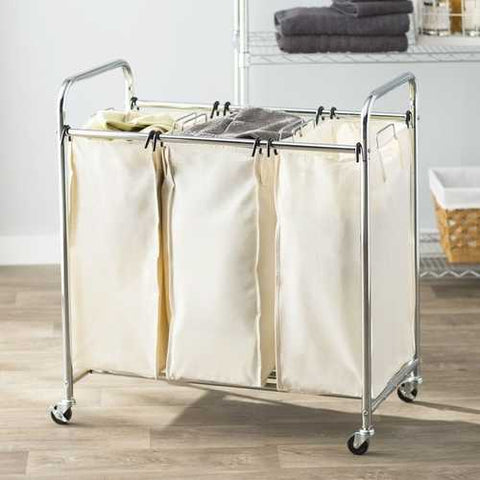 Image of Commercial-Grade Steel Frame 3-Bag Laundry Hamper Cart