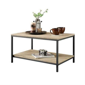 Black Metal Frame Coffee Table with Oak Finish Wood Top and Shelf