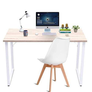 Modern White Metal Frame Laptop Computer Desk with Natural Wood Top