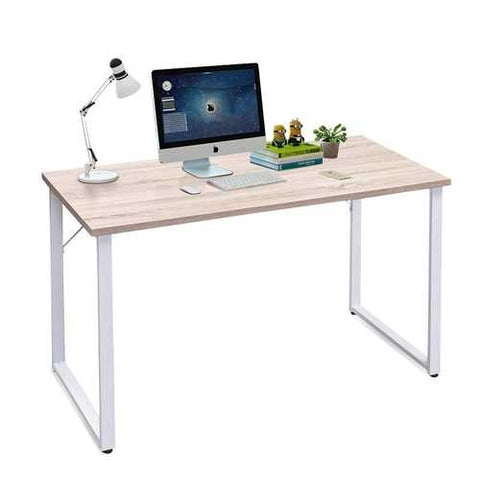 Image of Modern White Metal Frame Laptop Computer Desk with Natural Wood Top