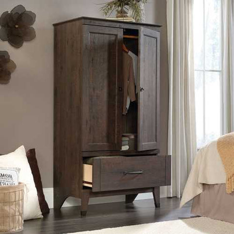 Image of Bedroom Storage Armoire Wardrobe Cabinet in Dark Brown Oak Finish