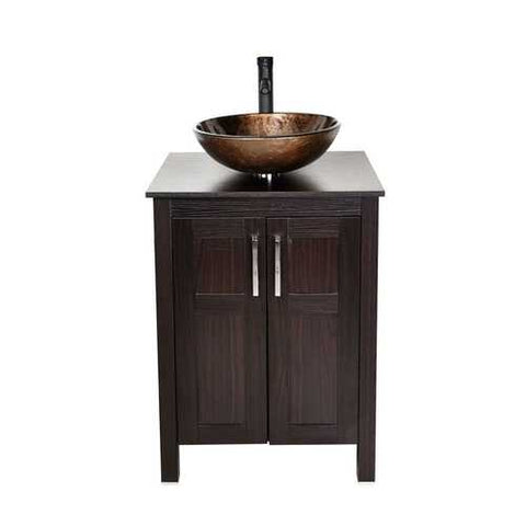 Image of Complete Modern Bathroom Vanity Set with Dark Brown Cabinet Brown Glass Sink Top and Faucet