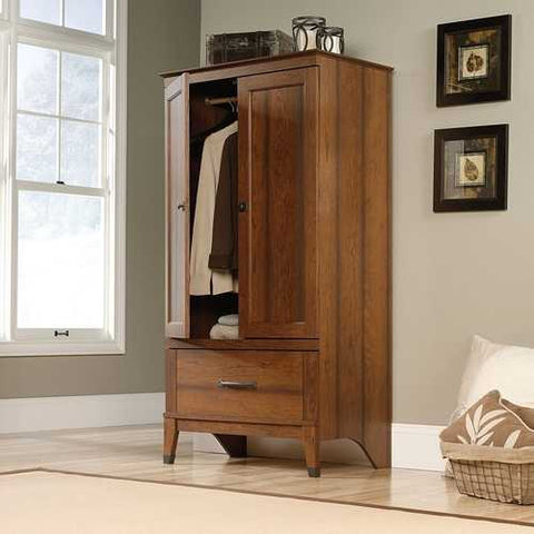 Image of Bedroom Wardrobe Cabinet Storage Armoire in Medium Brown Cherry Wood Finish