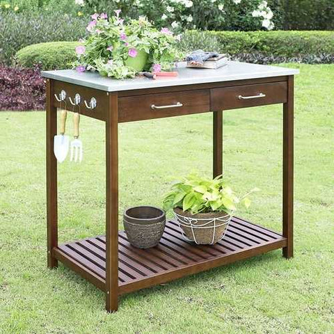 Image of Outdoor Solid Wood Potting Bench Work Table with Galvanized Metal Top