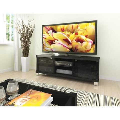 Image of Modern Black TV Stand with Glass Doors - Fits up to 68-inch TV