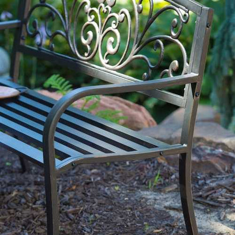 Image of Curved Metal Garden Bench with Heart Pattern in Black Antique Bronze Finish