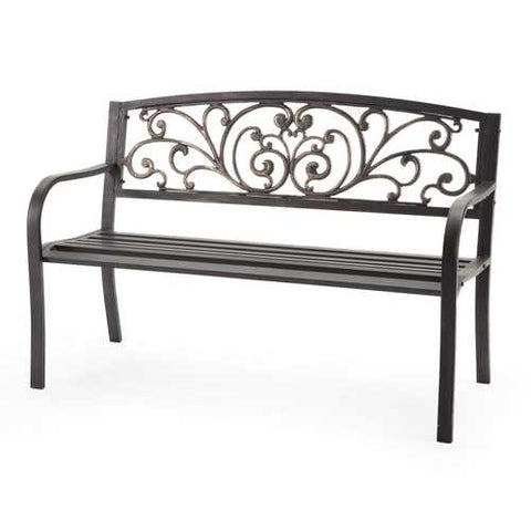 Image of Curved Metal Garden Bench with Heart Pattern in Black Antique Bronze Finish