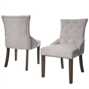 Set of 2 - Traditional Grey Linen Fabric Upholstered Dinging Chair with Nailhead Trim