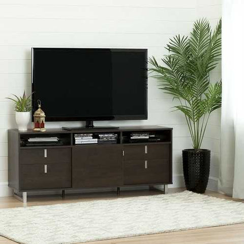 Image of Contemporary TV Stand in Brown Oak Finish and Satin Nickel Metal Legs