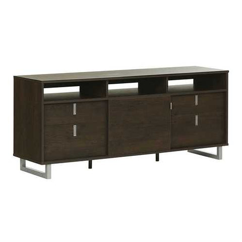 Image of Contemporary TV Stand in Brown Oak Finish and Satin Nickel Metal Legs