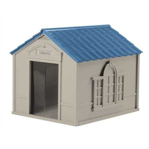 Image of Outdoor Dog House in Taupe and Blue Roof Durable Resin - For Dogs up to 100 lbs