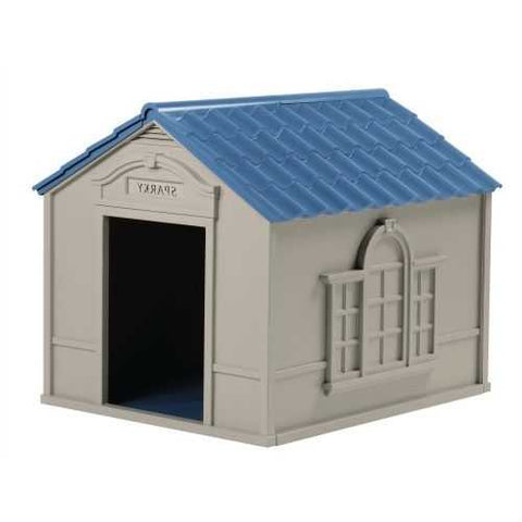 Image of Outdoor Dog House in Taupe and Blue Roof Durable Resin - For Dogs up to 100 lbs