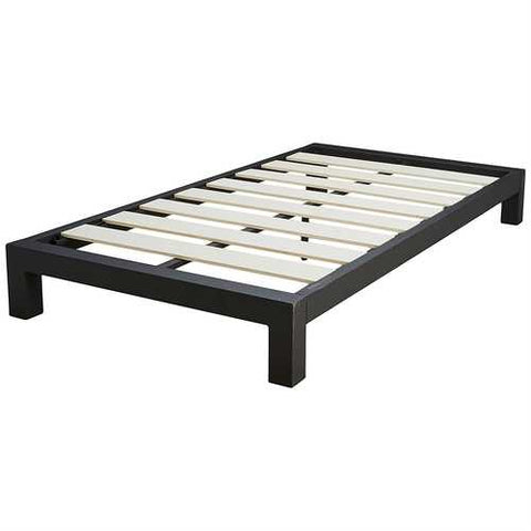 Image of Twin Black Metal Platform Bed Frame with Wide Wood Slats