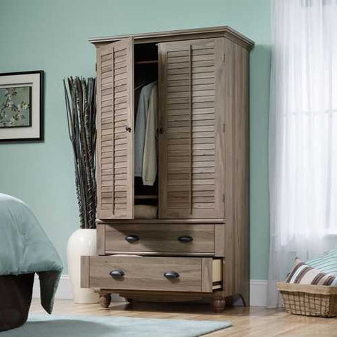 Image of Wardrobe Cabinet Bedroom Storage or TV Armoire in Medium Brown Oak Finish