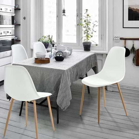 Image of Set of 4 Modern Mid Century Style Dining Chairs in White with Wood Finish Legs