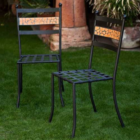 Image of Set of 2 - Outdoor Patio Metal Bistro Dining Chairs in Black Iron with Terracotta Backrest