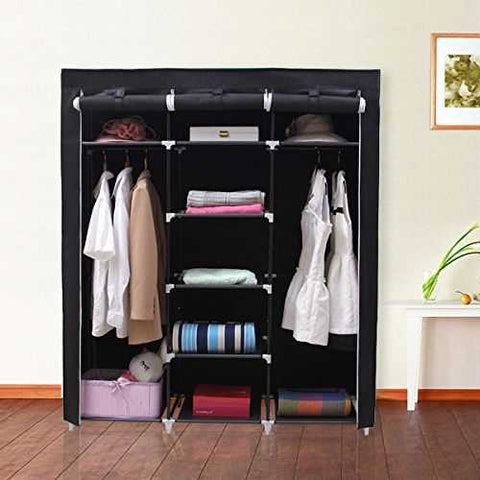 Image of Steel Frame Black Fabric Portable Wardrobe Clothes Closet with Storage Shelves