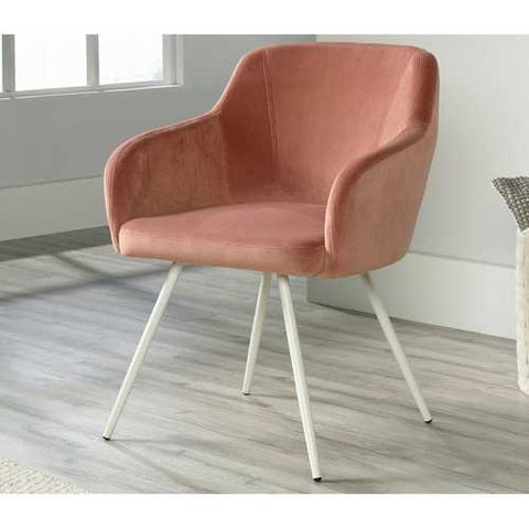 Image of Salmon Pink Upholstered Mid-Century Low Back Armchair Steel Legs