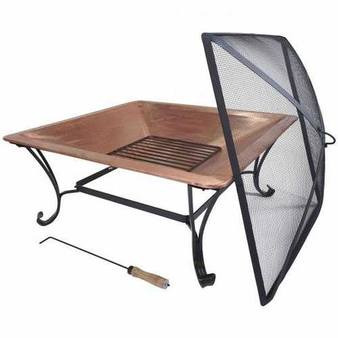 Image of Square Large Copper Fire Pit with Spark Screen and Stand