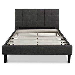 Full size Modern Platform Bed with Dark Grey Square Stitched Upholstered Headboard