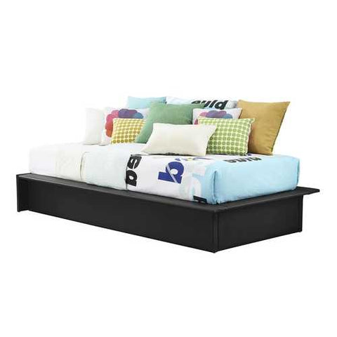 Image of Black Faux Leather Upholstered Platform Bed Frame with Wood Slats in Twin