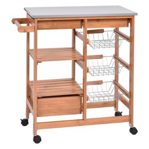 Stainless Steel Top Bamboo Kitchen Island Cart with Casters