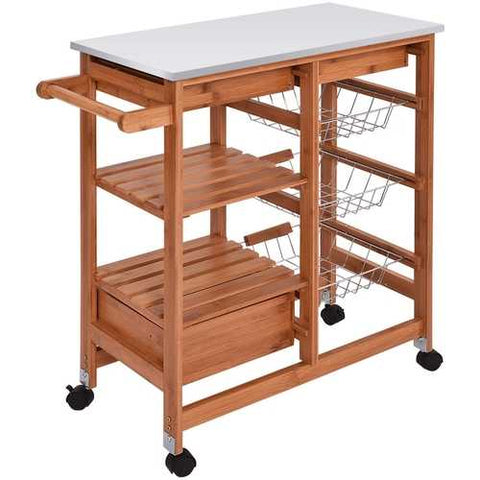 Image of Stainless Steel Top Bamboo Kitchen Island Cart with Casters