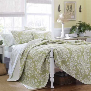 Twin size 100% Cotton 2-Piece Quilt Set with Coverlet and Sham in Floral Sage Green White