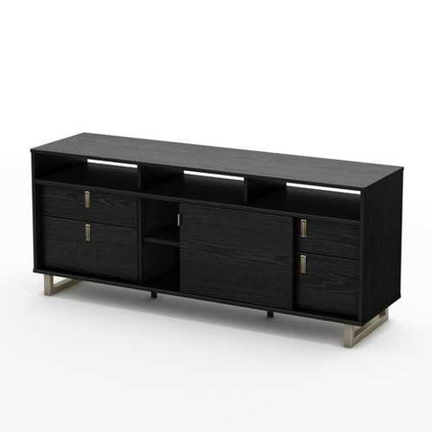 Image of Contemporary TV Stand in Black Finish and Satin Nickel Metal Legs