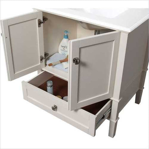 Image of Contemporary Bathroom Vanity in Soft White with Marble Top and Rectangle Sink