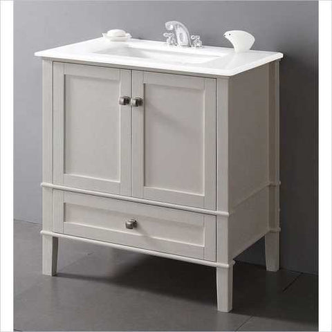 Image of Contemporary Bathroom Vanity in Soft White with Marble Top and Rectangle Sink