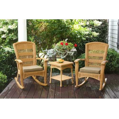 Image of 3-Piece Outdoor Porch Rocker Set w/ 2 Amber Wicker Resin Rocking Chairs & Table