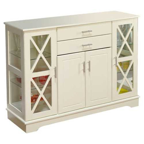 Image of White Wood Buffet Sideboard Cabinet with Glass Display Doors