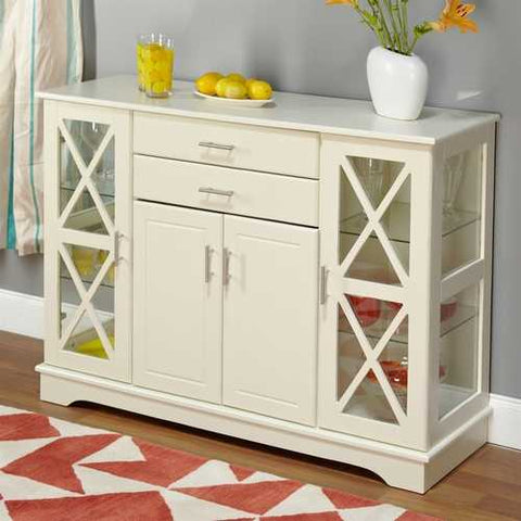 Image of White Wood Buffet Sideboard Cabinet with Glass Display Doors