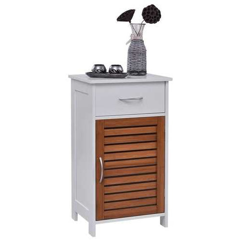 Image of White Bathroom Storage Floor Cabinet with Brown Shutter Door