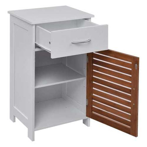 Image of White Bathroom Storage Floor Cabinet with Brown Shutter Door