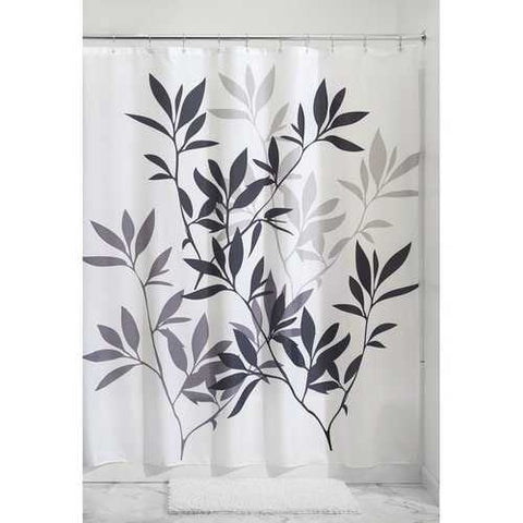 Image of Tree Branch Leaves Black White Grey Fabric Shower Curtain