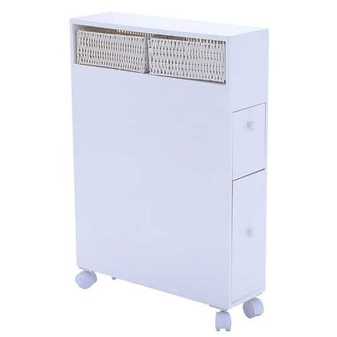 Image of White Bathroom Storage Floor Cabinet with Baskets and Casters